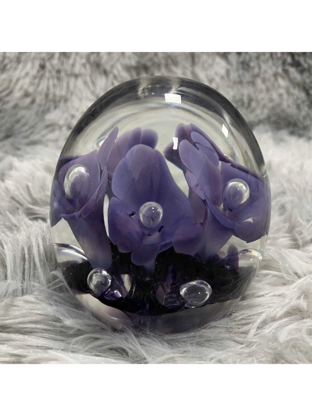 L.H. Bayley Purple Flower Art Glass Paperweight 3” Signed Sphere